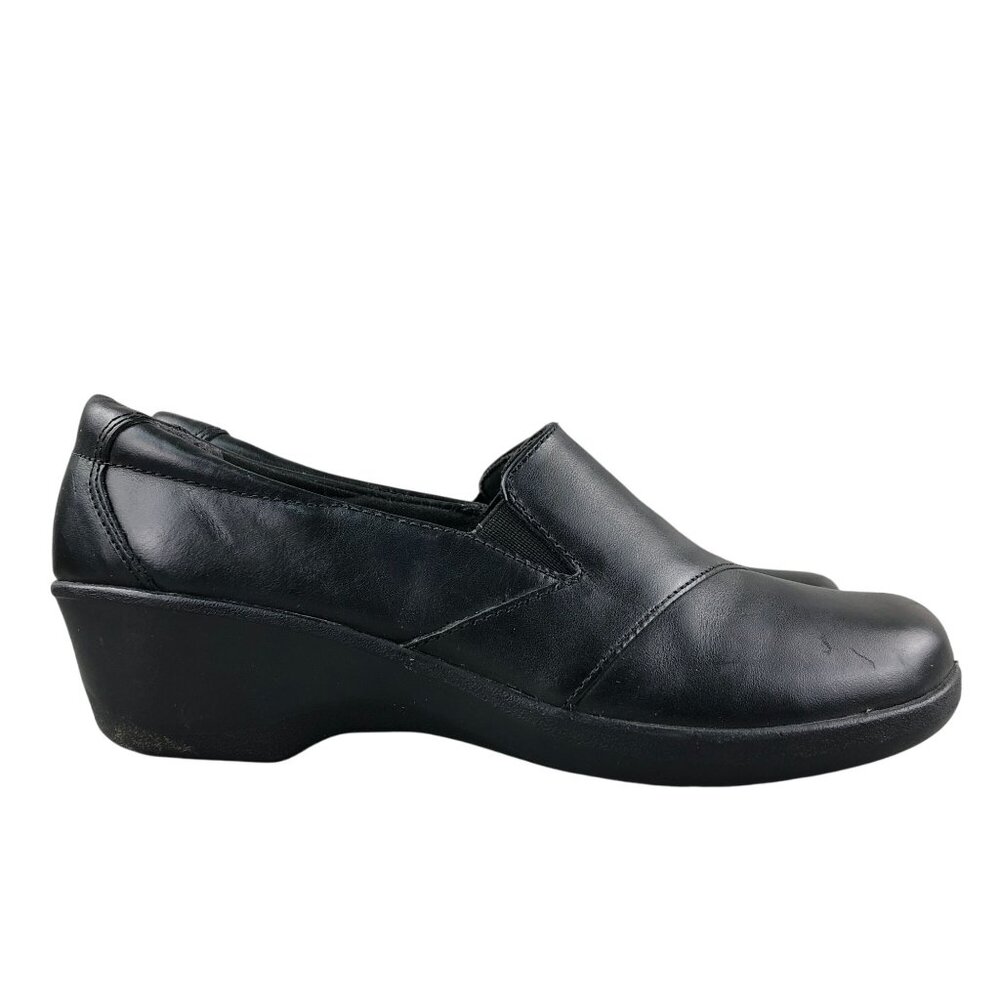 Clarks Women's Size 7M Esha Clair Black Leather SoftCushion  Slip On Loafers